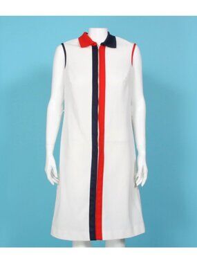 Vintage FLUTTERBYE Red White Blue Mod 70s Patriotic Shift Dress sz L /843